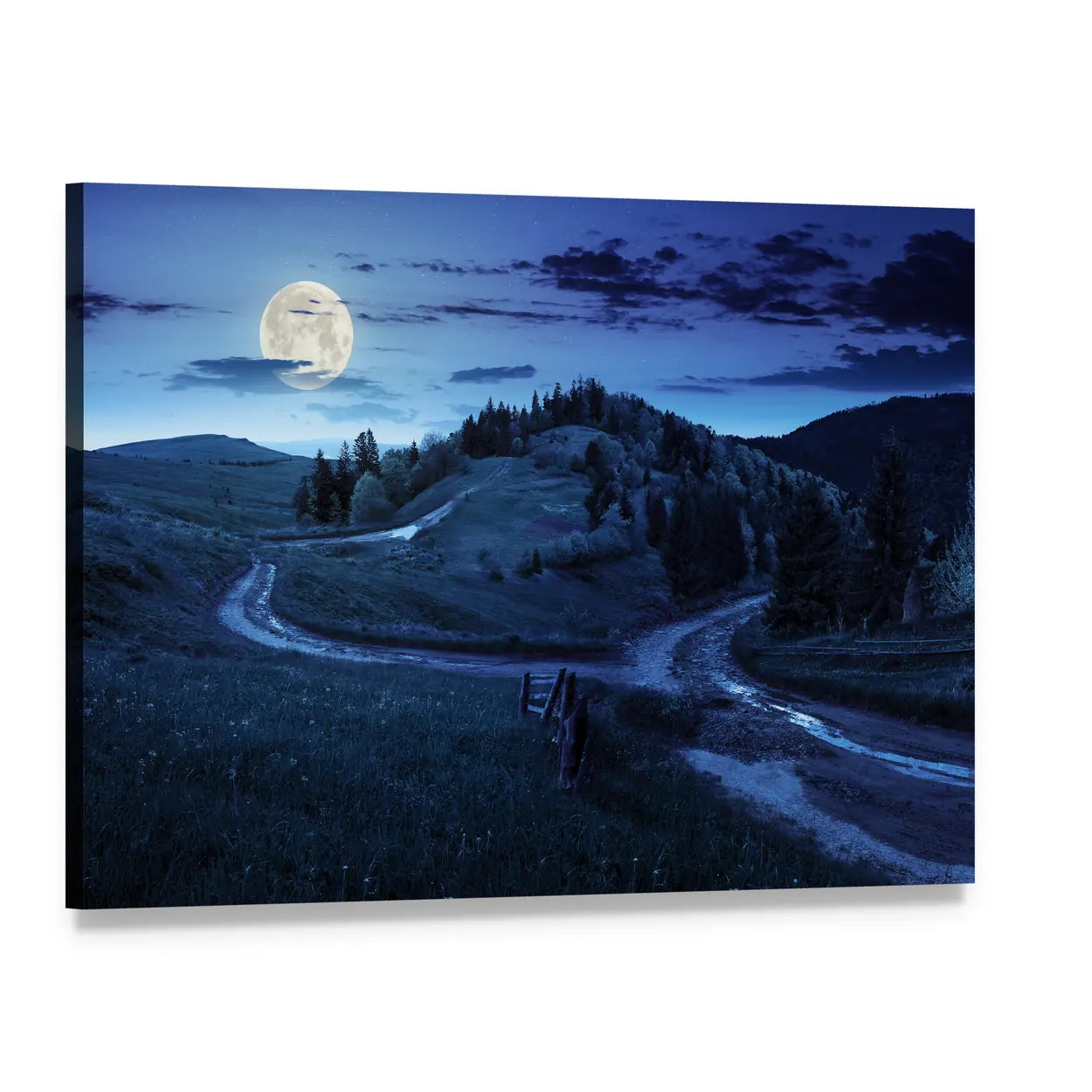 Moonlit Mountain Forest Path Canvas Wall Art, single panel gallery wrapped canvas, angled product view