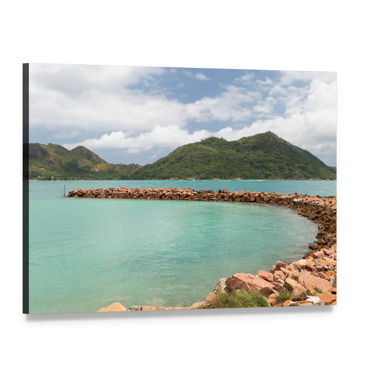 Turquoise Sea with Curved Rock Jetty Canvas Wall Art, single panel gallery wrapped canvas, angled product view