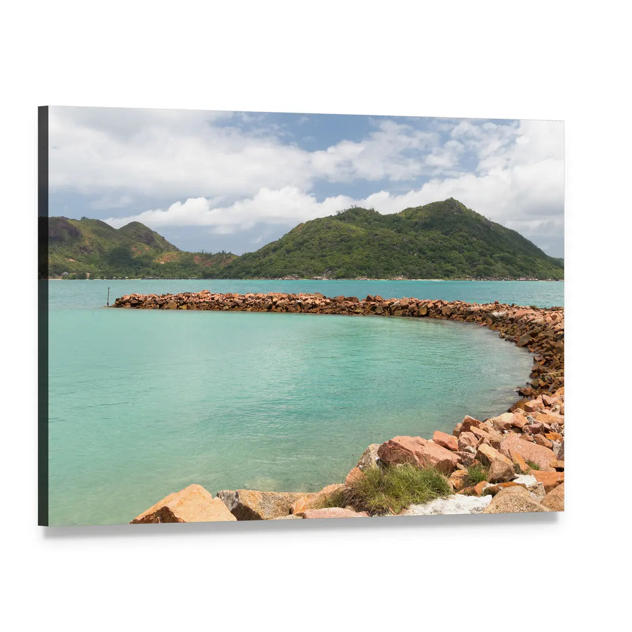Turquoise Sea with Rocky Shoreline Canvas Wall Art, single panel gallery wrapped canvas, angled product view