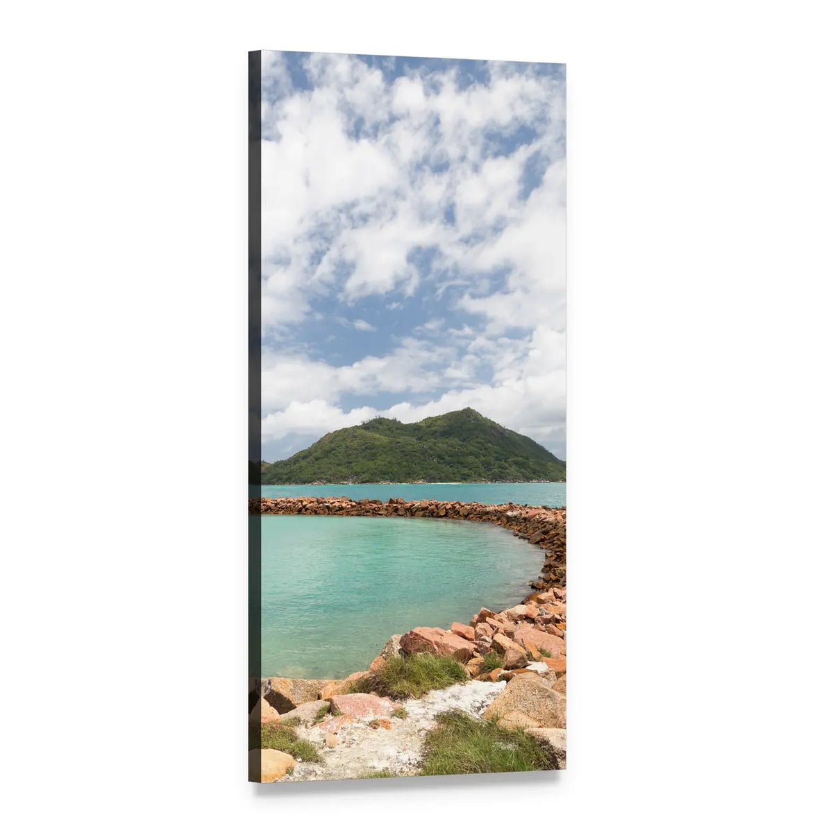 Turquoise Cove with Stone Breakwater Vertical Canvas Wall Art, 1 panel 1 Vertical layout gallery wrapped canvas set, angled product view