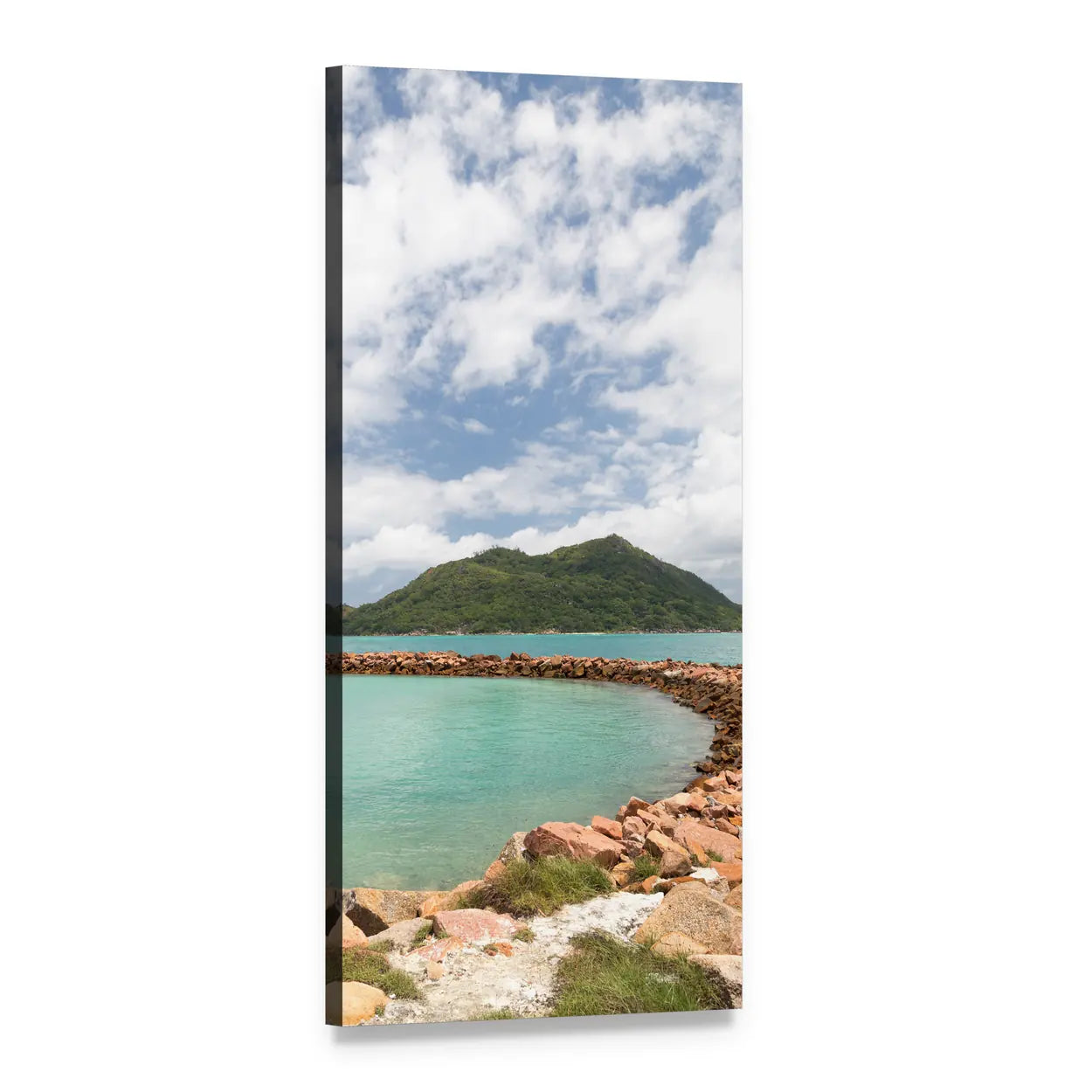 Turquoise Cove with Stone Breakwater Vertical Canvas Wall Art, 1 panel 1 Vertical layout gallery wrapped canvas set, angled product view
