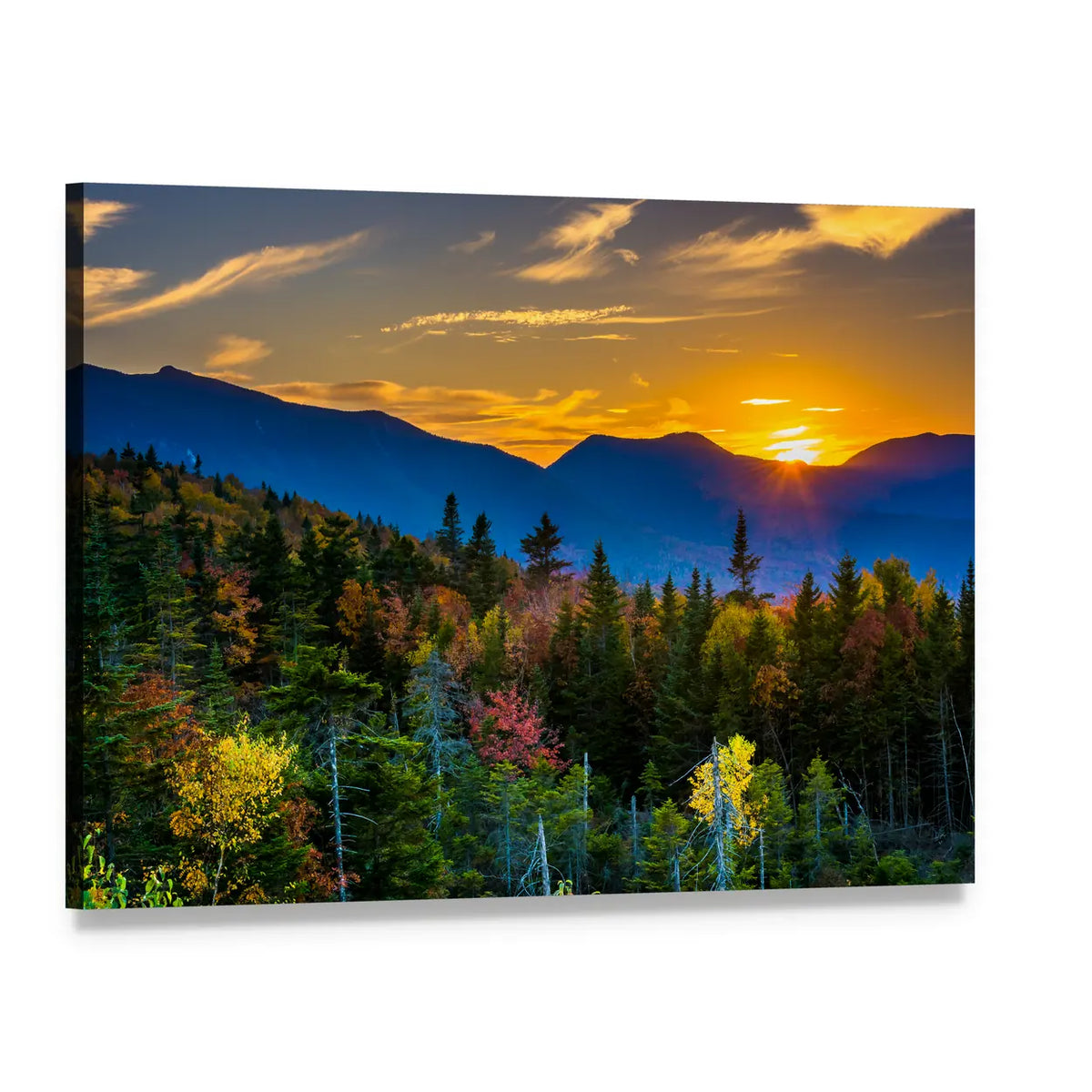 Autumn Sunset Over Mountain Pass Canvas Wall Art, single panel gallery wrapped canvas, angled product view