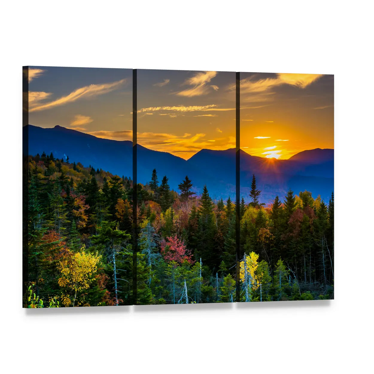 Autumn Sunset Over Mountain Pass Canvas Wall Art, 3 panel 3 Horizontal layout gallery wrapped canvas set, angled product view