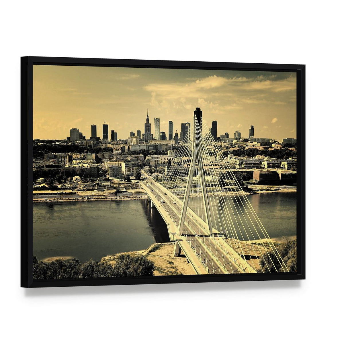 Warsaw Bridge Cityscape Canvas Wall Art, framed canvas in a black floater frame, angled product view