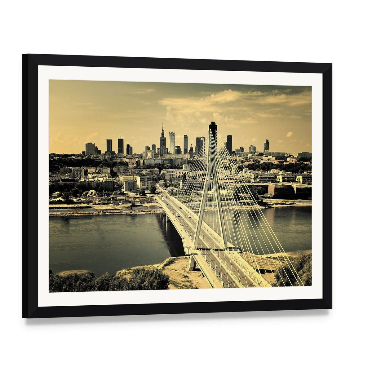 Warsaw Bridge Cityscape Canvas Wall Art, framed print with white mat and black frame, angled product view