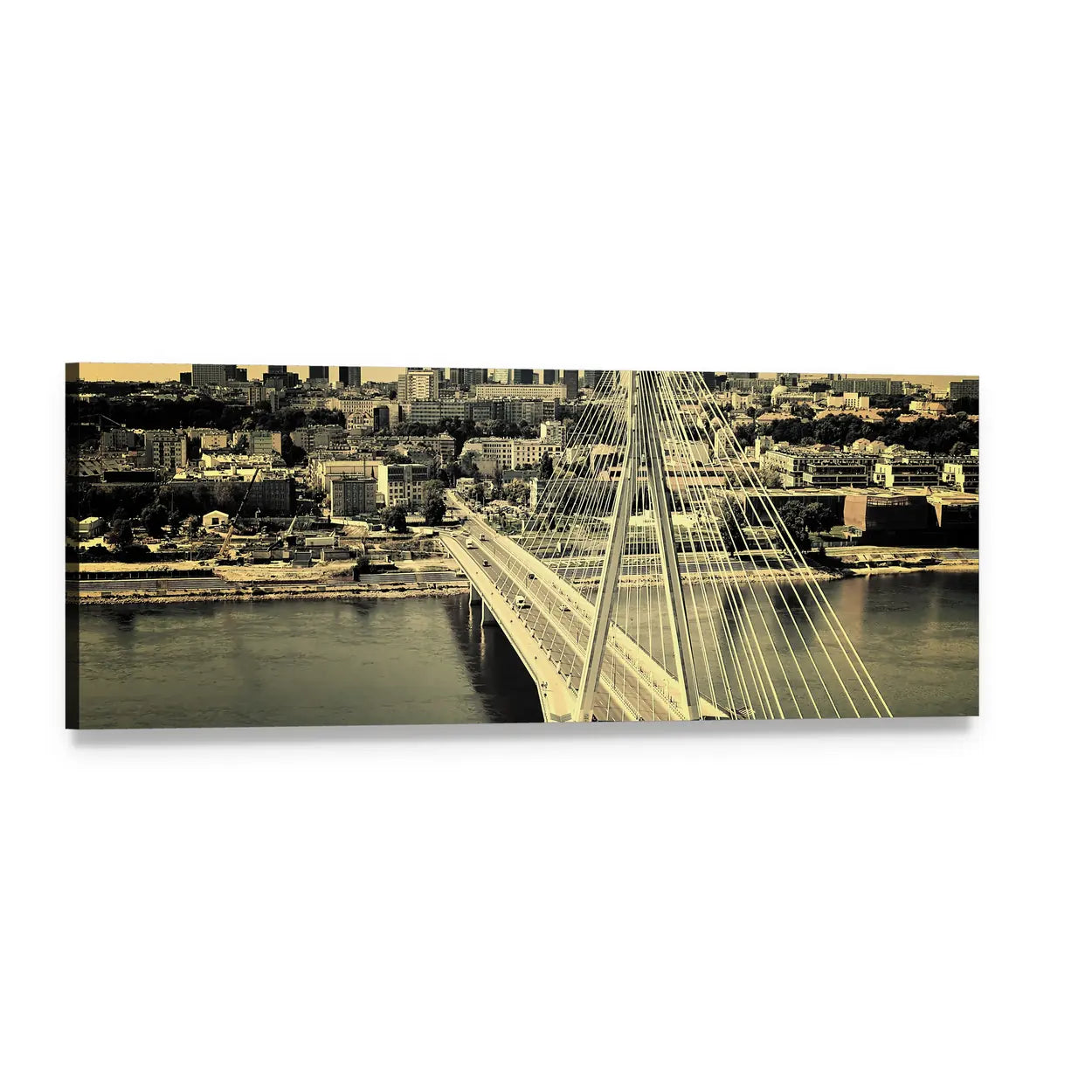 Warsaw Cable-stayed Bridge Sepia Cityscape Panoramic Canvas Wall Art, single panel gallery wrapped canvas, angled product view