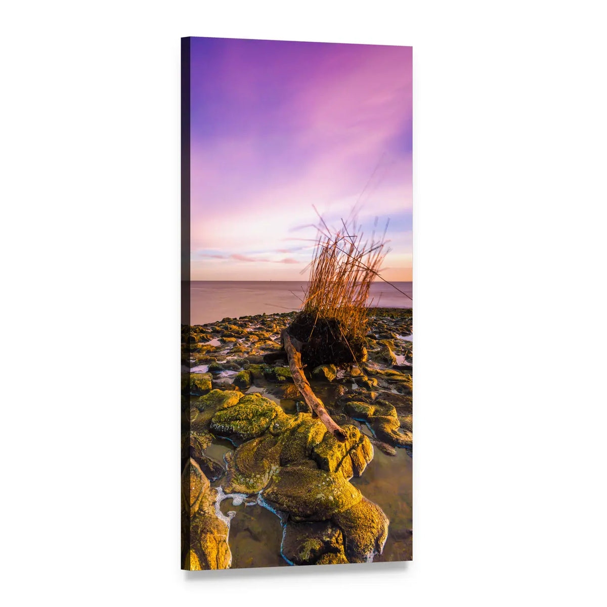 Sunset Over Rocky Coastal Beach Vertical Canvas Wall Art, 1 panel 1 Vertical layout gallery wrapped canvas set, angled product view