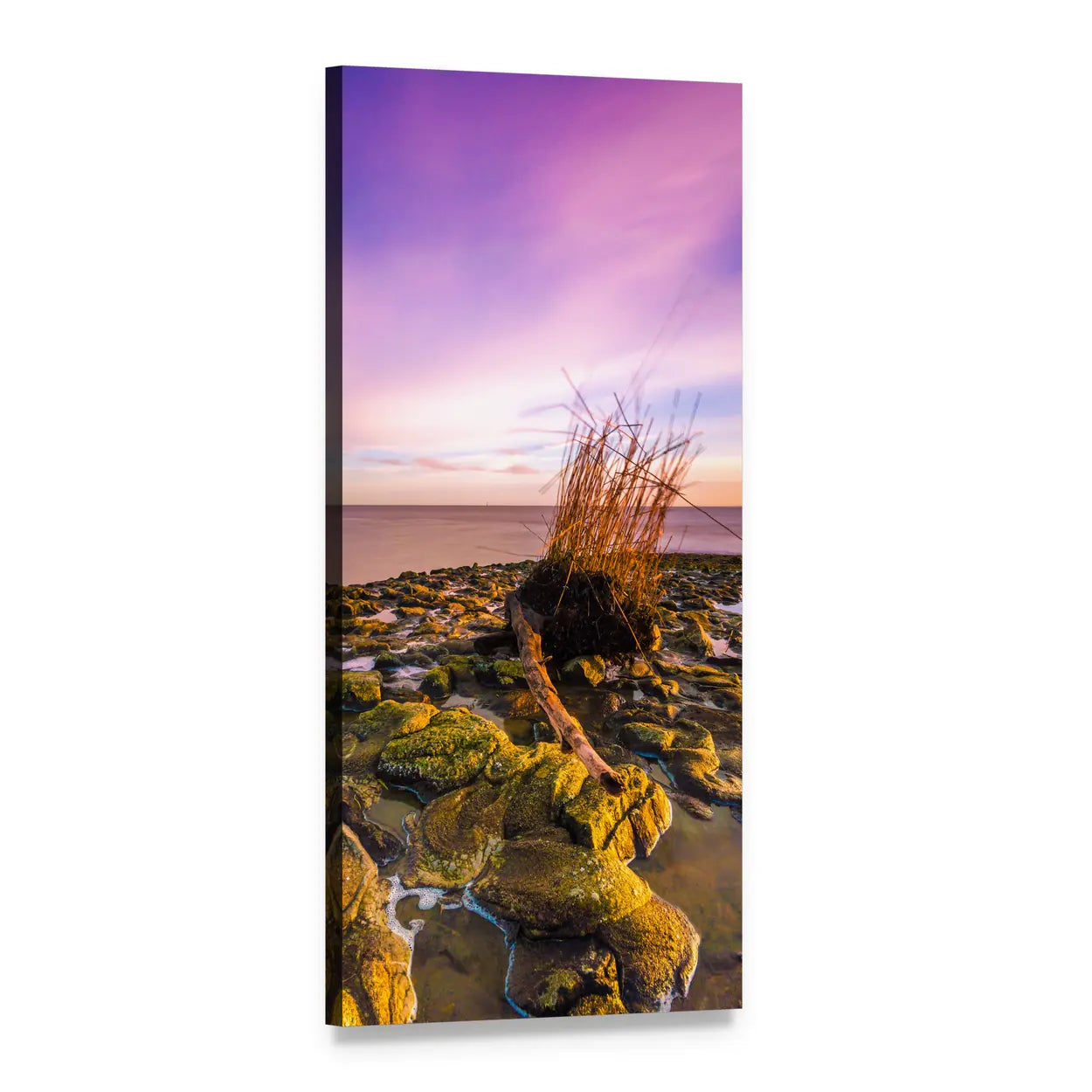 Sunset Over Rocky Coastal Beach Vertical Canvas Wall Art, 1 panel 1 Vertical layout gallery wrapped canvas set, angled product view