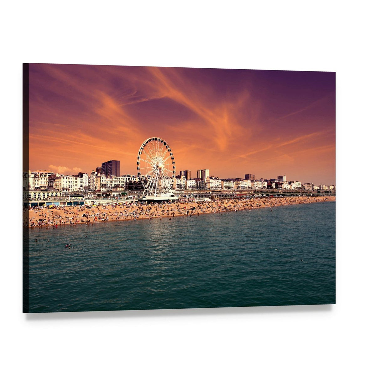Towering Ferris Wheel Over Crowded Beach Canvas Wall Art, single panel gallery wrapped canvas, angled product view