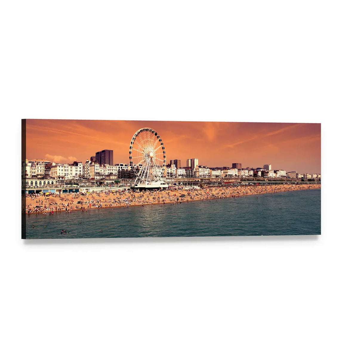 Ferris Wheel Over Pebble Beach at Dusk Panoramic Canvas Wall Art, single panel gallery wrapped canvas, angled product view