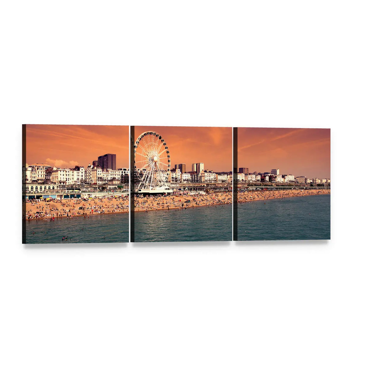 Ferris Wheel Over Pebble Beach at Dusk Panoramic Canvas Wall Art, 3 panel 3 Piece layout gallery wrapped canvas set, angled product view