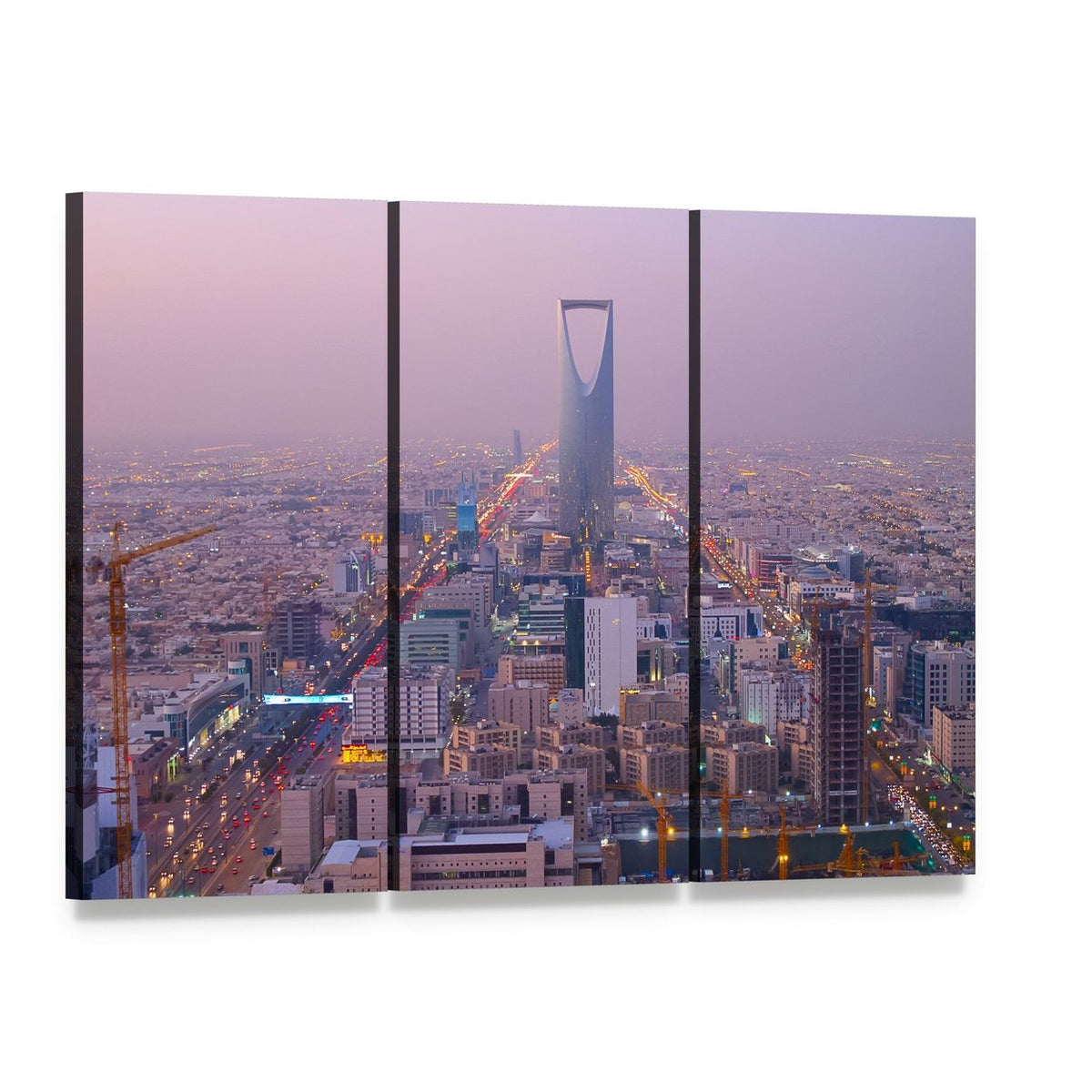 Kingdom Tower Riyadh Night Skyline Canvas Wall Art, 3 panel 3 Horizontal layout gallery wrapped canvas set, angled product view