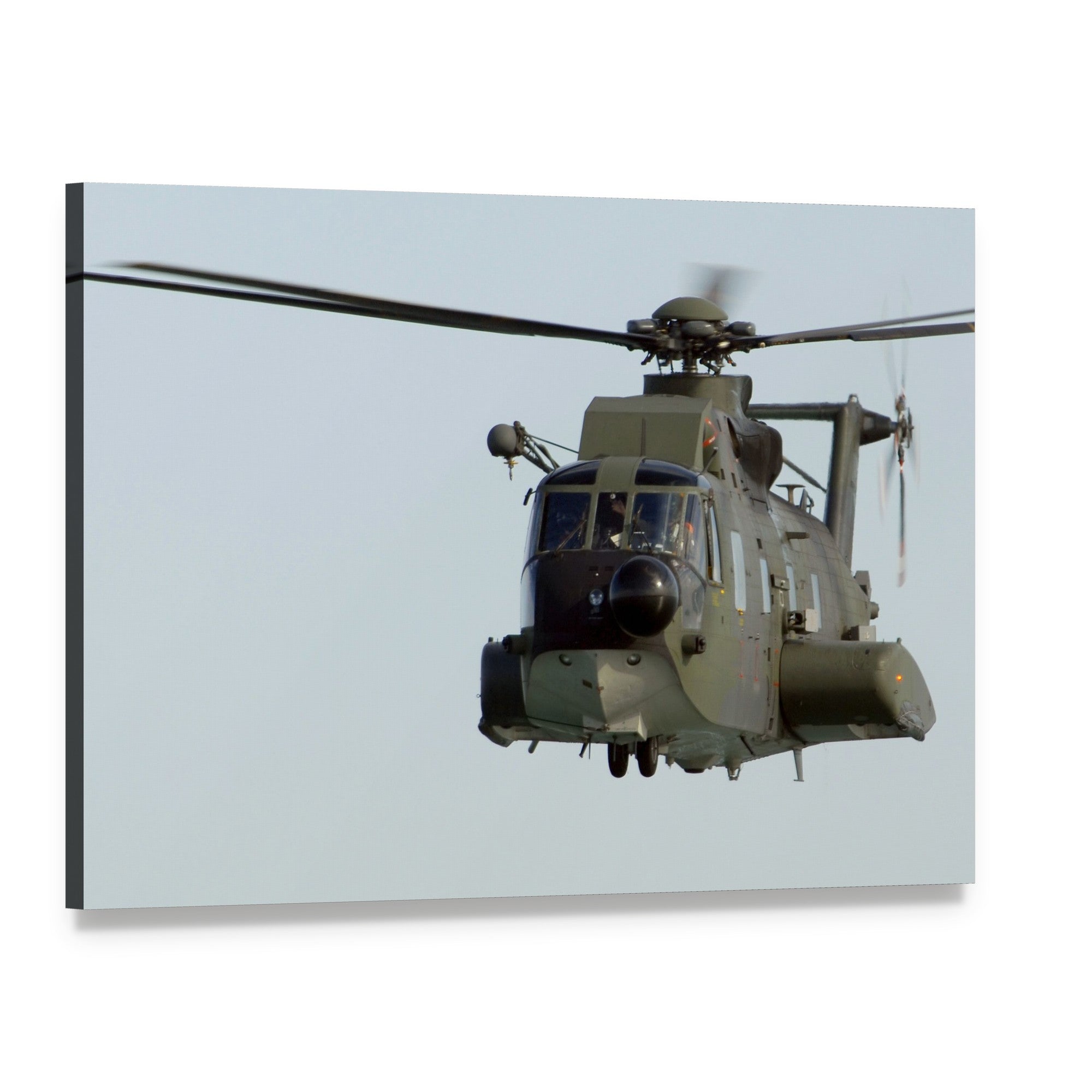Olive Green Military Helicopter Canvas Wall Art, single panel gallery wrapped canvas, angled product view