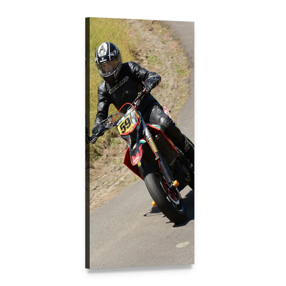 Motorbike Rider Leaning Into Turn Vertical Canvas Wall Art, 1 panel 1 Vertical layout gallery wrapped canvas set, angled product view