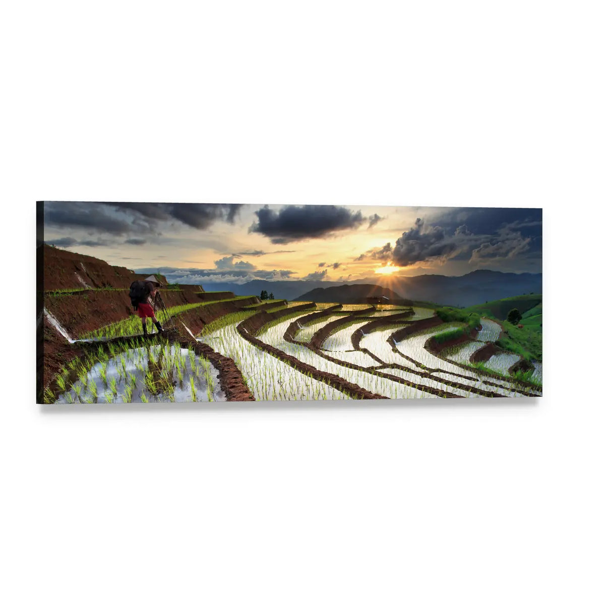 Chiang Mai Rice Terraces at Sunset Panoramic Canvas Wall Art, single panel gallery wrapped canvas, angled product view