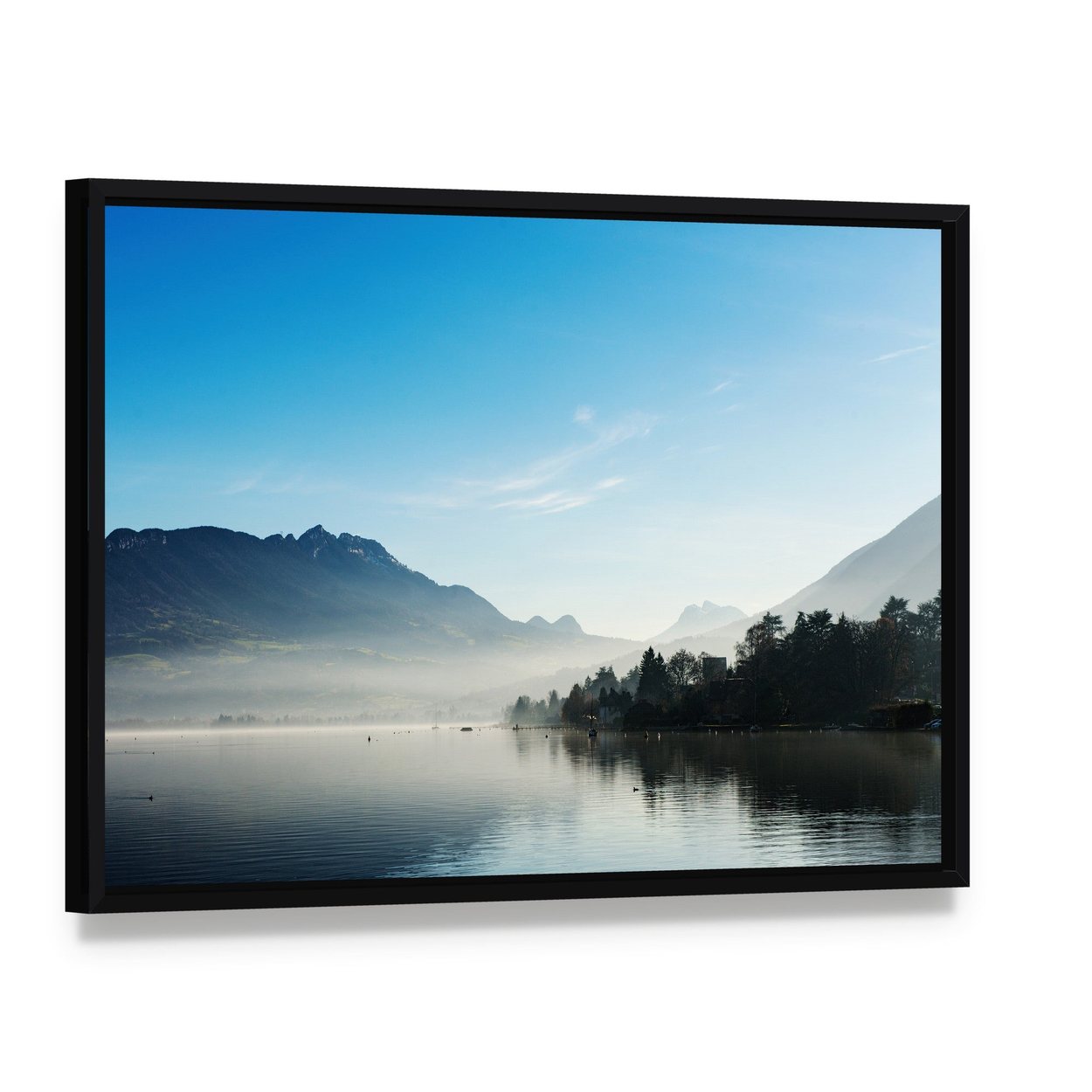 Misty Mountain Lake at Dawn Canvas Wall Art, framed canvas in a black floater frame, angled product view