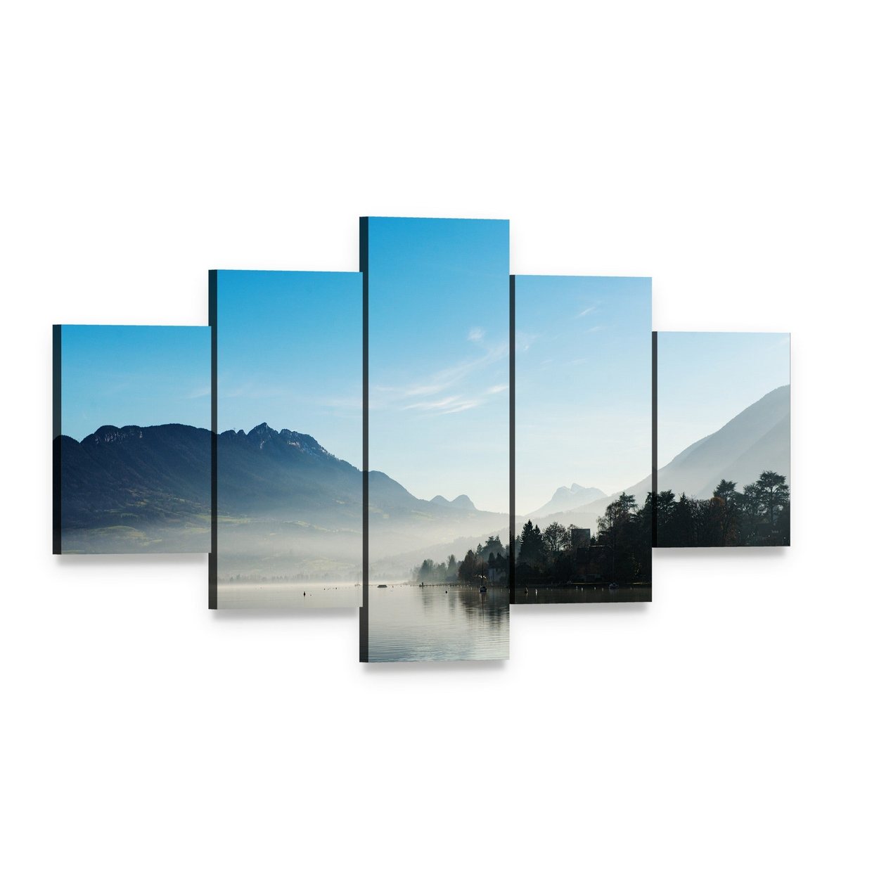 Misty Mountain Lake at Dawn Canvas Wall Art, 5 panel 5 Star layout gallery wrapped canvas set, angled product view