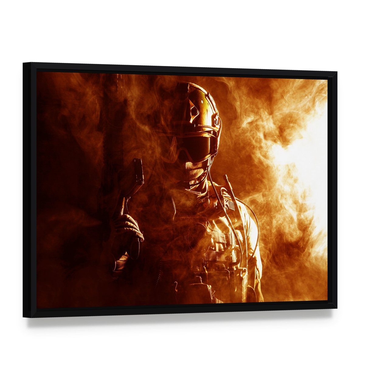 Special Forces Soldier in Smoke Canvas Wall Art, framed canvas in a black floater frame, angled product view