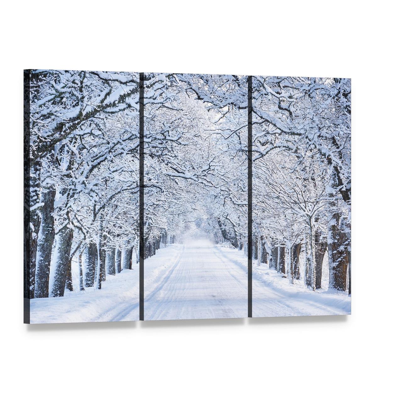 Alley in Snowy Morning Canvas Wall Art, 3 panel 3 Horizontal layout gallery wrapped canvas set, angled product view