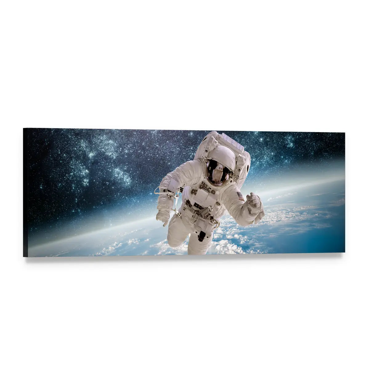 Astronaut Above Earth's Curvature Panoramic Canvas Wall Art, single panel gallery wrapped canvas, angled product view