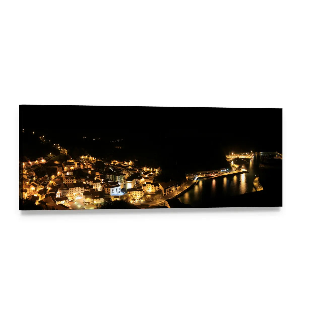 Coastal Night Cityscape with Golden Lights Panoramic Canvas Wall Art, single panel gallery wrapped canvas, angled product view