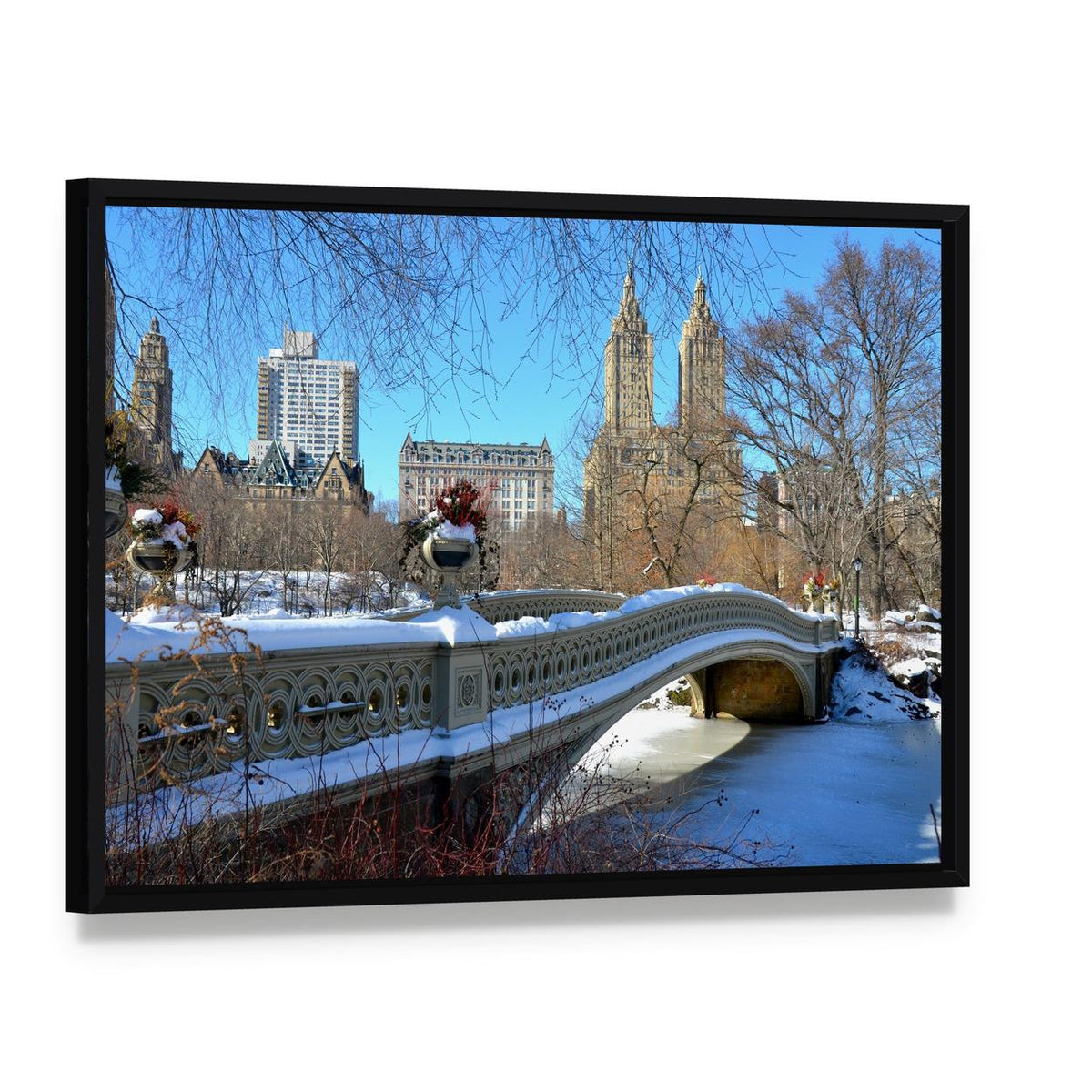 Bow Bridge in Winter Scene Canvas Wall Art, framed canvas in a black floater frame, angled product view