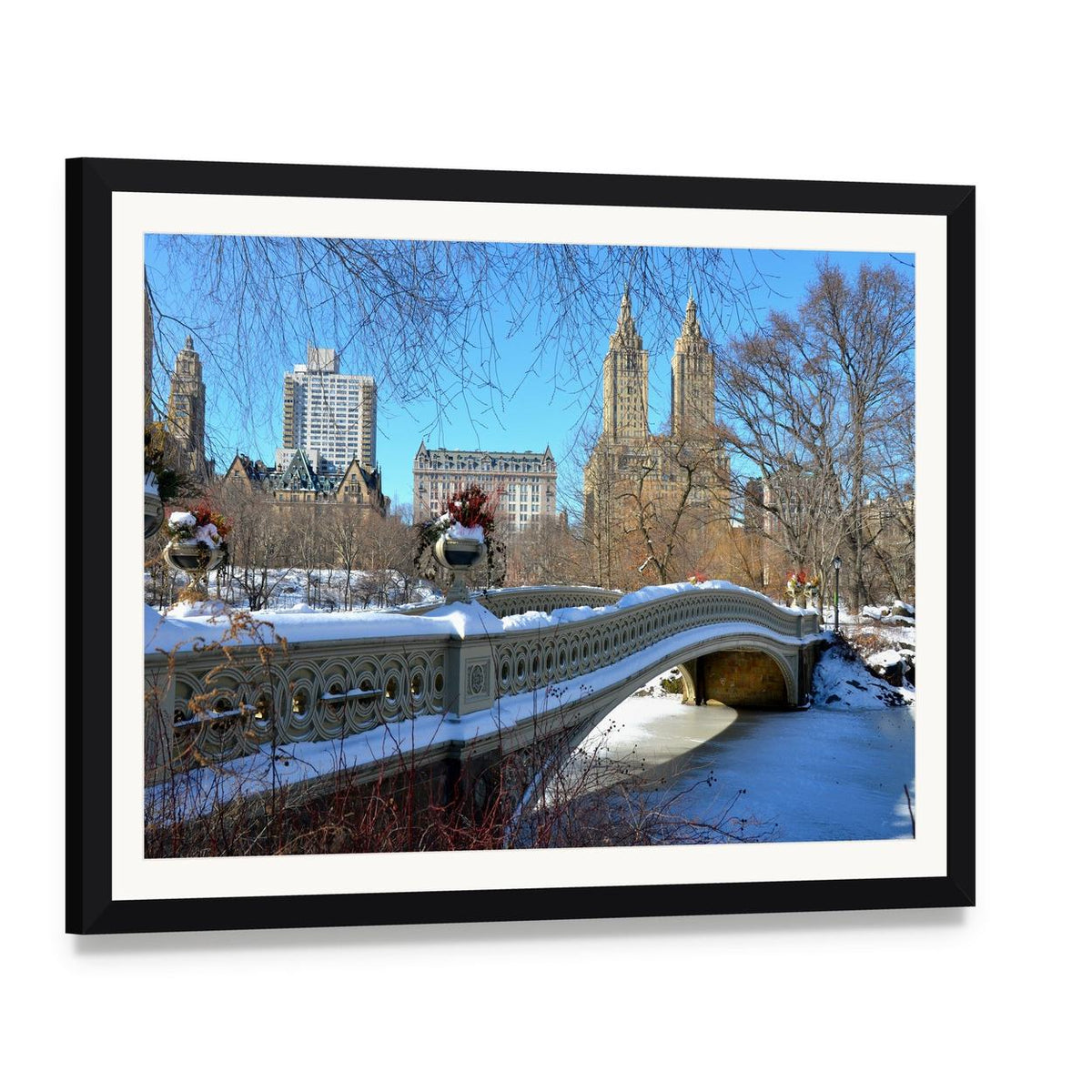 Bow Bridge in Winter Scene Canvas Wall Art, framed print with white mat and black frame, angled product view