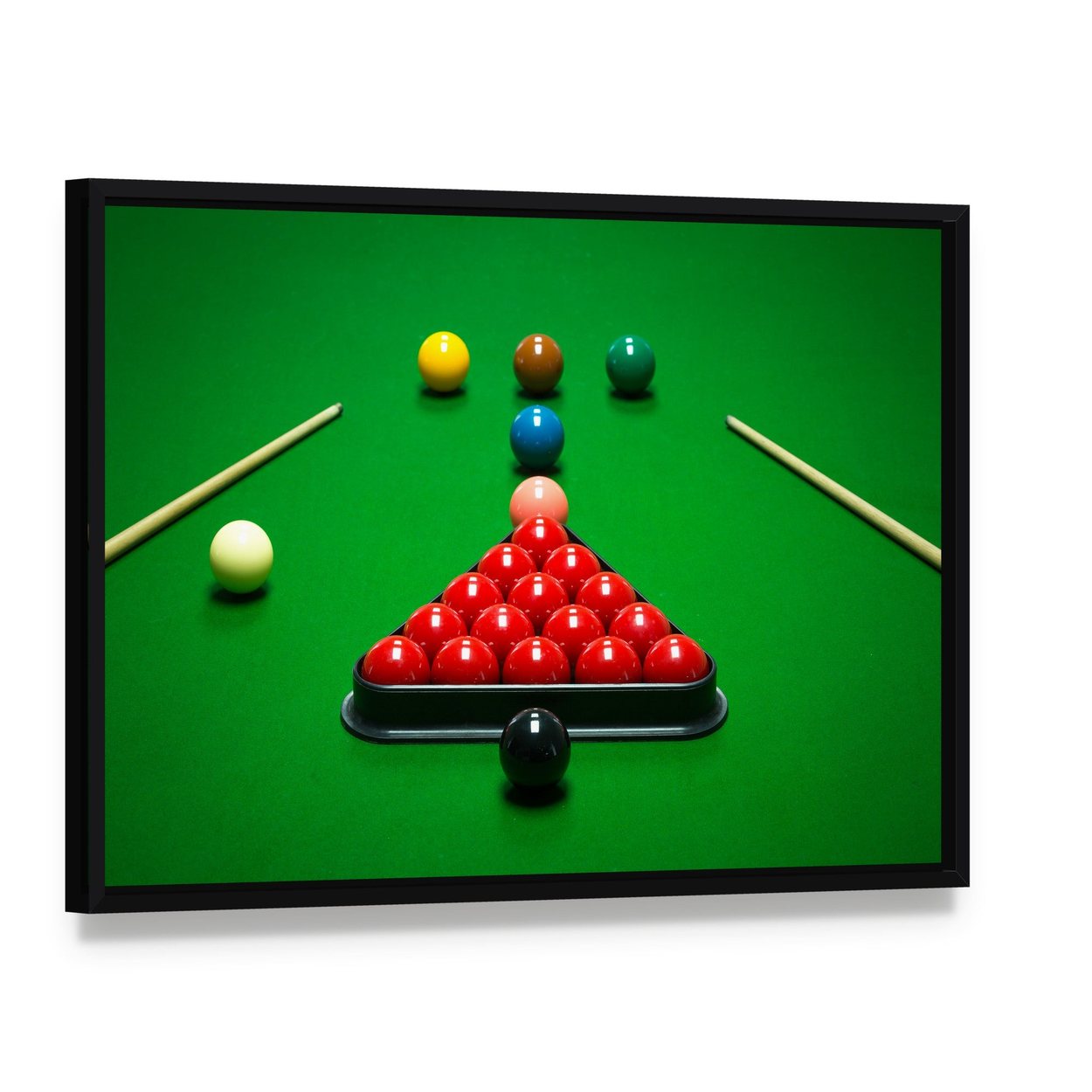 Snooker Balls Set on a Green Table Canvas Wall Art, framed canvas in a black floater frame, angled product view