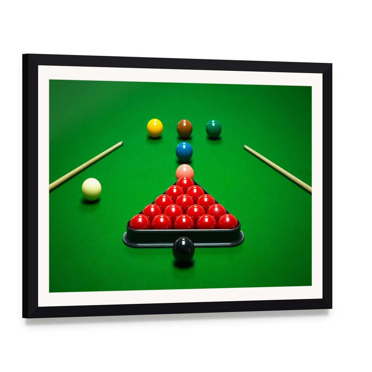 Snooker Balls Set on a Green Table Canvas Wall Art, framed print with white mat and black frame, angled product view