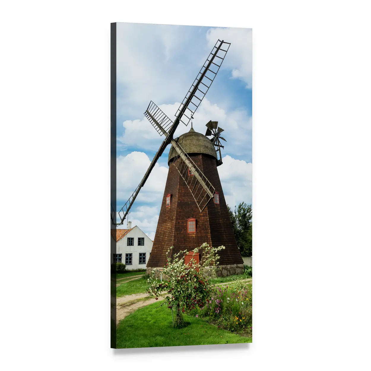 Windmill Close-up with House and Flowers Vertical Canvas Wall Art, 1 panel 1 Vertical layout gallery wrapped canvas set, angled product view