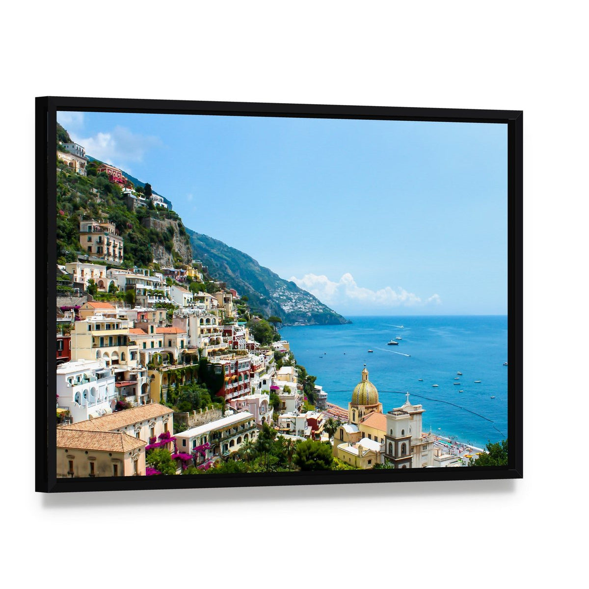 Positano on the Amalfi Coast Canvas Wall Art, framed canvas in a black floater frame, angled product view