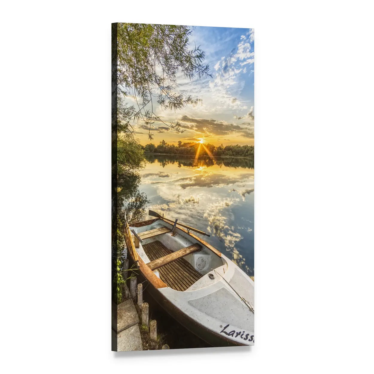 Fishing Boat Larissa at Sunset Over Lake Vertical Canvas Wall Art, 1 panel 1 Vertical layout gallery wrapped canvas set, angled product view