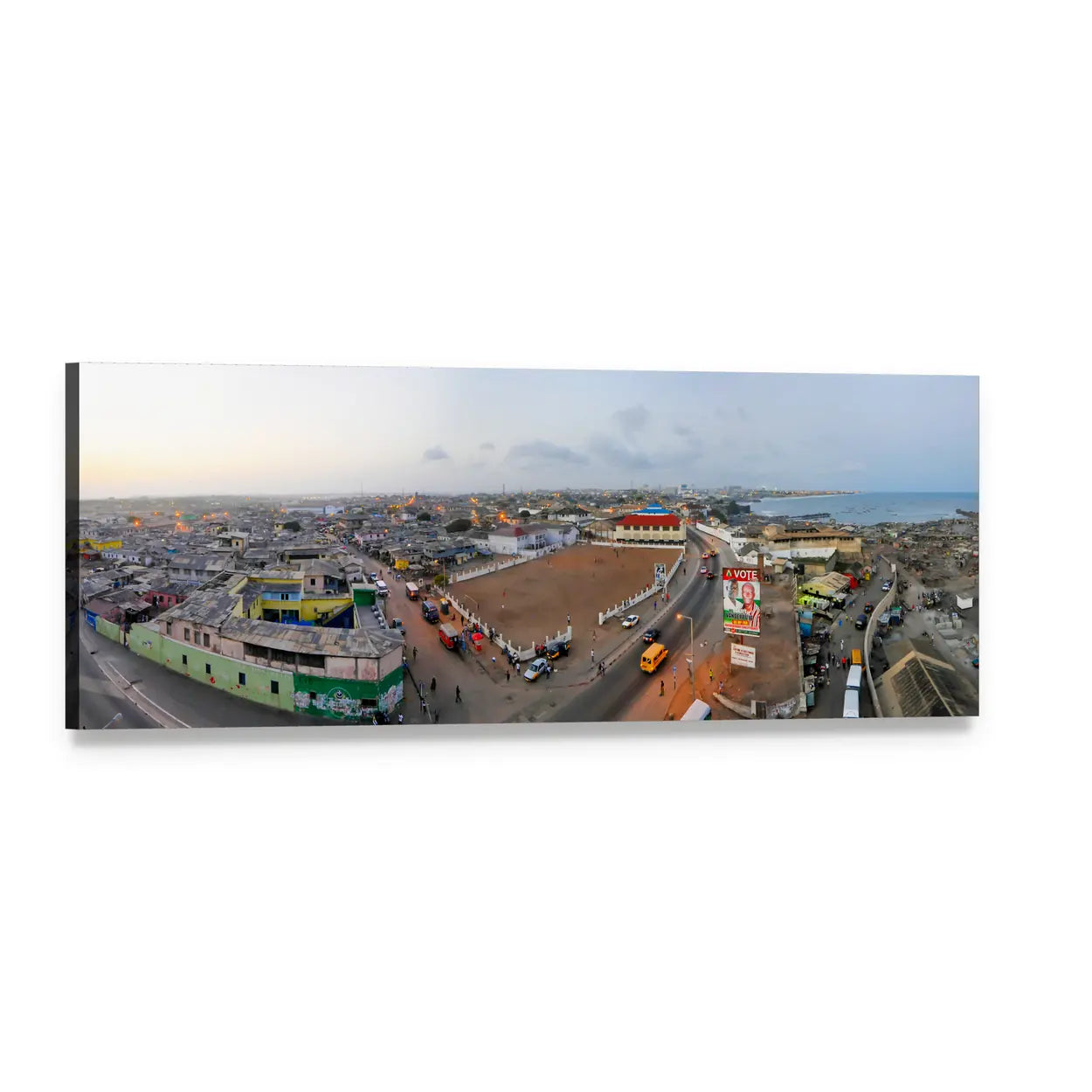 Accra Cityscape with Ocean Horizon Panoramic Canvas Wall Art, single panel gallery wrapped canvas, angled product view