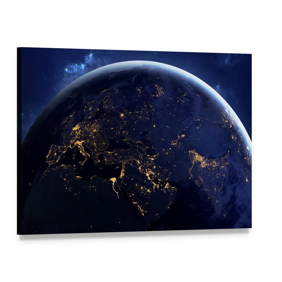 Planet Earth from Space at Night Canvas Wall Art, single panel gallery wrapped canvas, angled product view