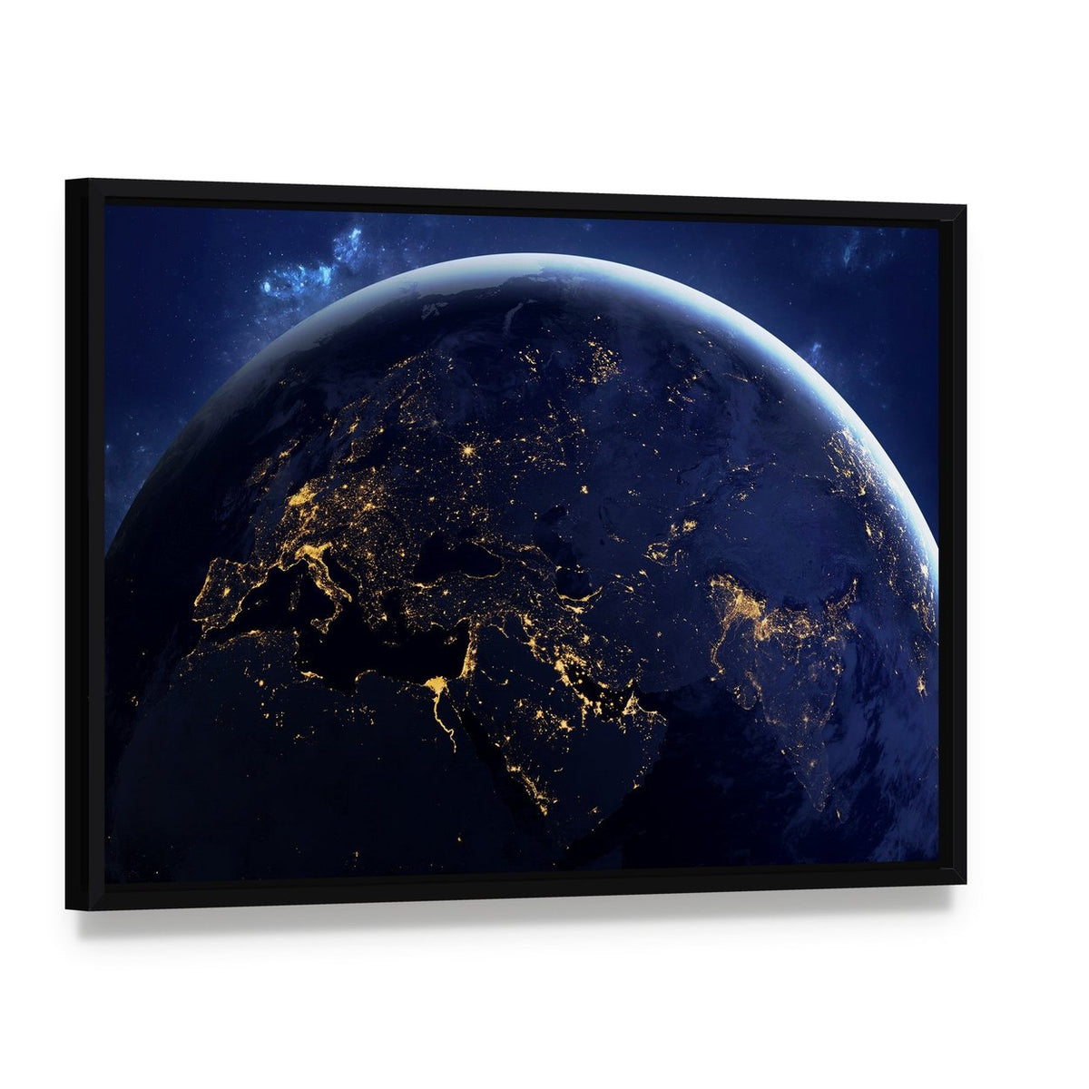 Planet Earth from Space at Night Canvas Wall Art, framed canvas in a black floater frame, angled product view