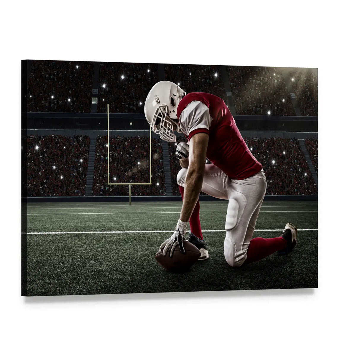 Kneeling Football Player Under Stadium Lights Canvas Wall Art, single panel gallery wrapped canvas, angled product view