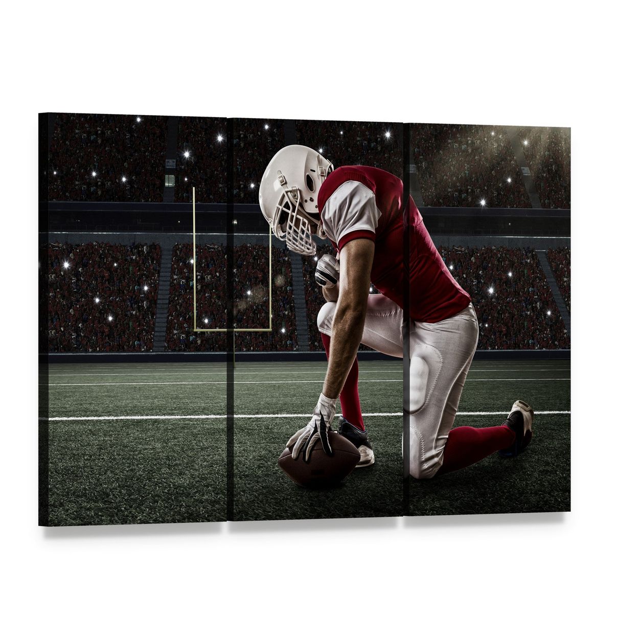 Football Player on His Knees Canvas Wall Art, 3 panel 3 Horizontal layout gallery wrapped canvas set, angled product view