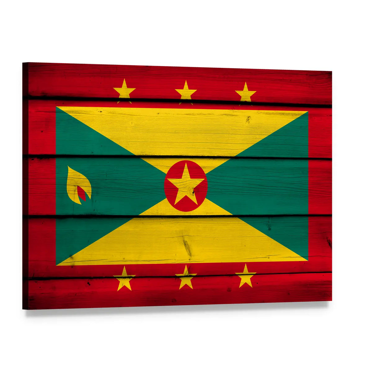 Weathered Grenada Flag with Nutmeg Emblem Canvas Wall Art, single panel gallery wrapped canvas, angled product view