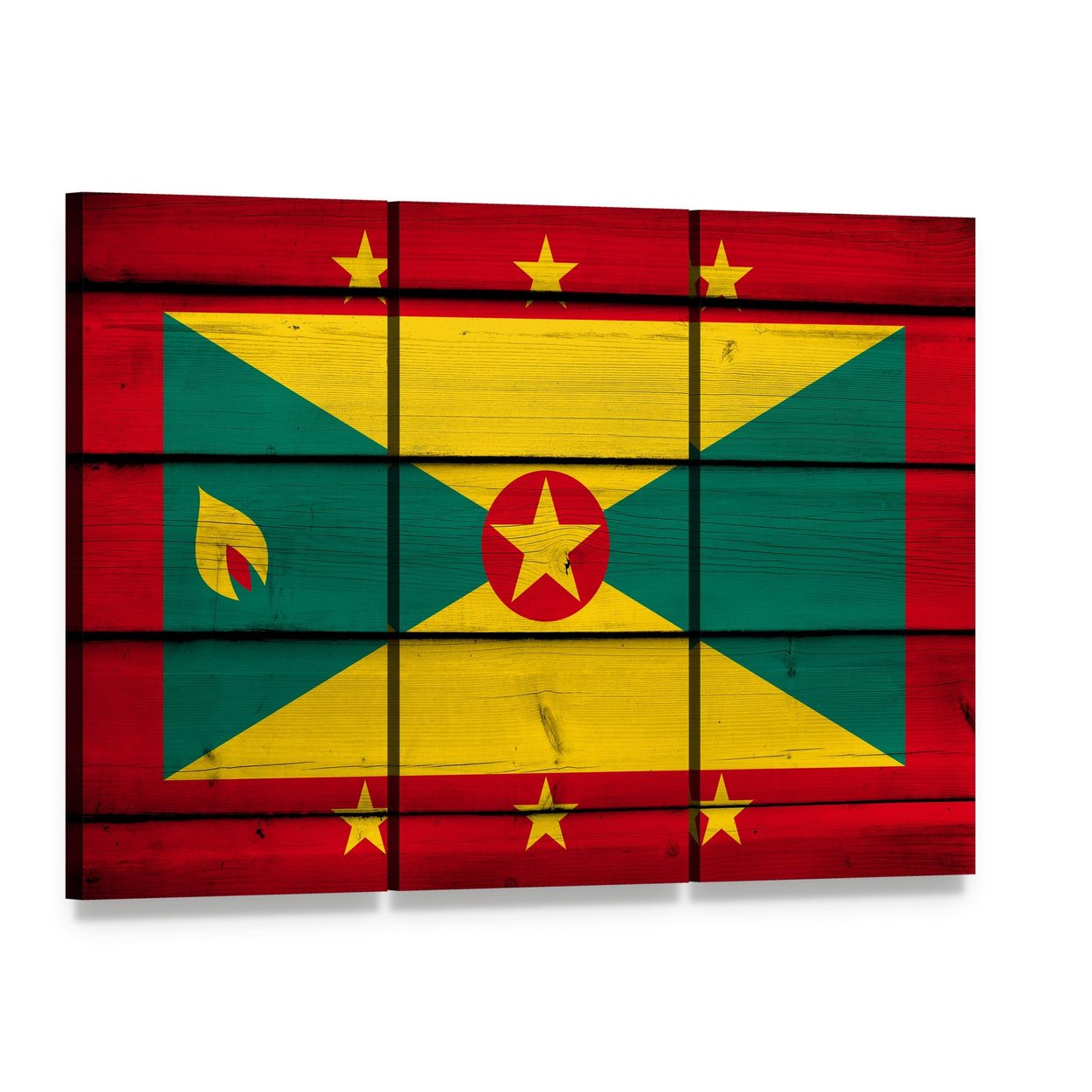 Grenada Flag Canvas Wall Art, 3 panel 3 Horizontal layout gallery wrapped canvas set, angled product view