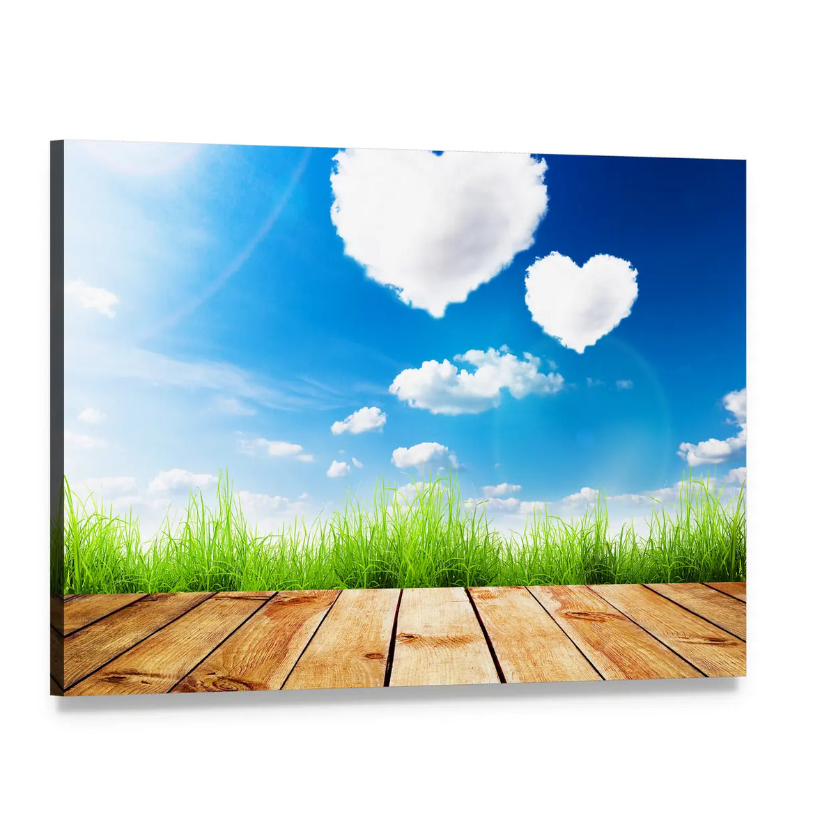 Two Heart-shaped Clouds Over Green Field Canvas Wall Art, single panel gallery wrapped canvas, angled product view