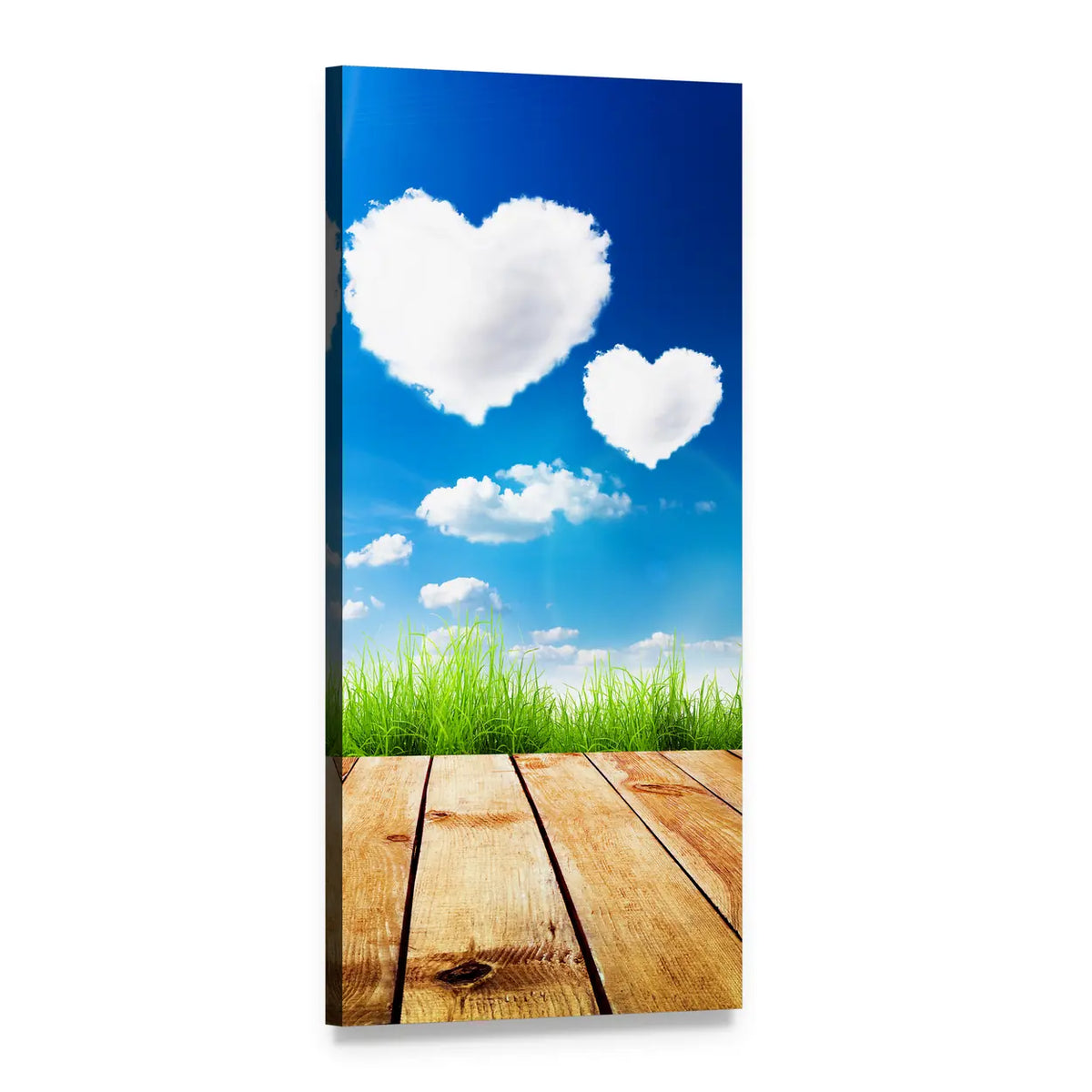 Heart-shaped Clouds Above Wooden Deck Vertical Canvas Wall Art, 1 panel 1 Vertical layout gallery wrapped canvas set, angled product view