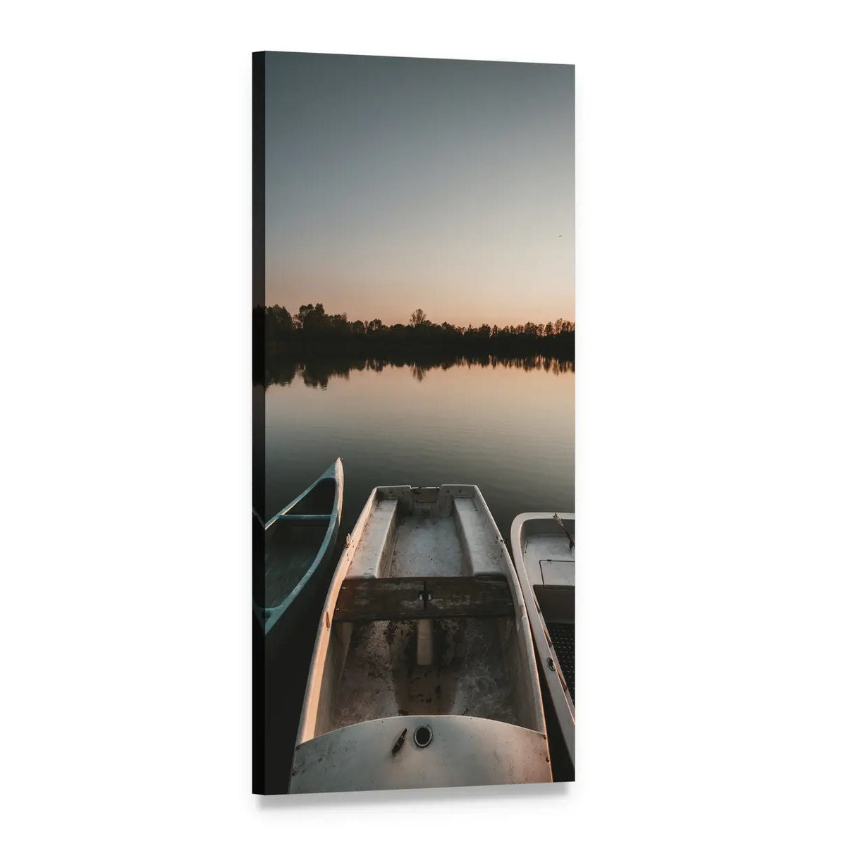 Three Rowboats on Lake at Sunset Vertical Canvas Wall Art, 1 panel 1 Vertical layout gallery wrapped canvas set, angled product view