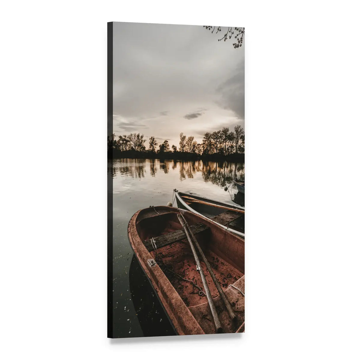 Evening Rowboat on Lake Vertical Canvas Wall Art, 1 panel 1 Vertical layout gallery wrapped canvas set, angled product view