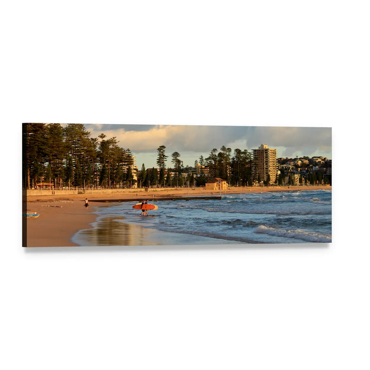 Manly Beach Surfer at Sunset Panoramic Canvas Wall Art, single panel gallery wrapped canvas, angled product view