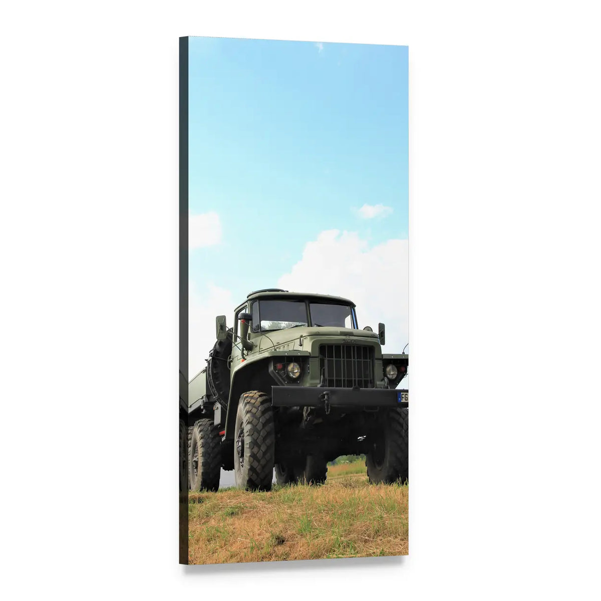 Vintage Olive Green Military Truck Vertical Canvas Wall Art, 1 panel 1 Vertical layout gallery wrapped canvas set, angled product view