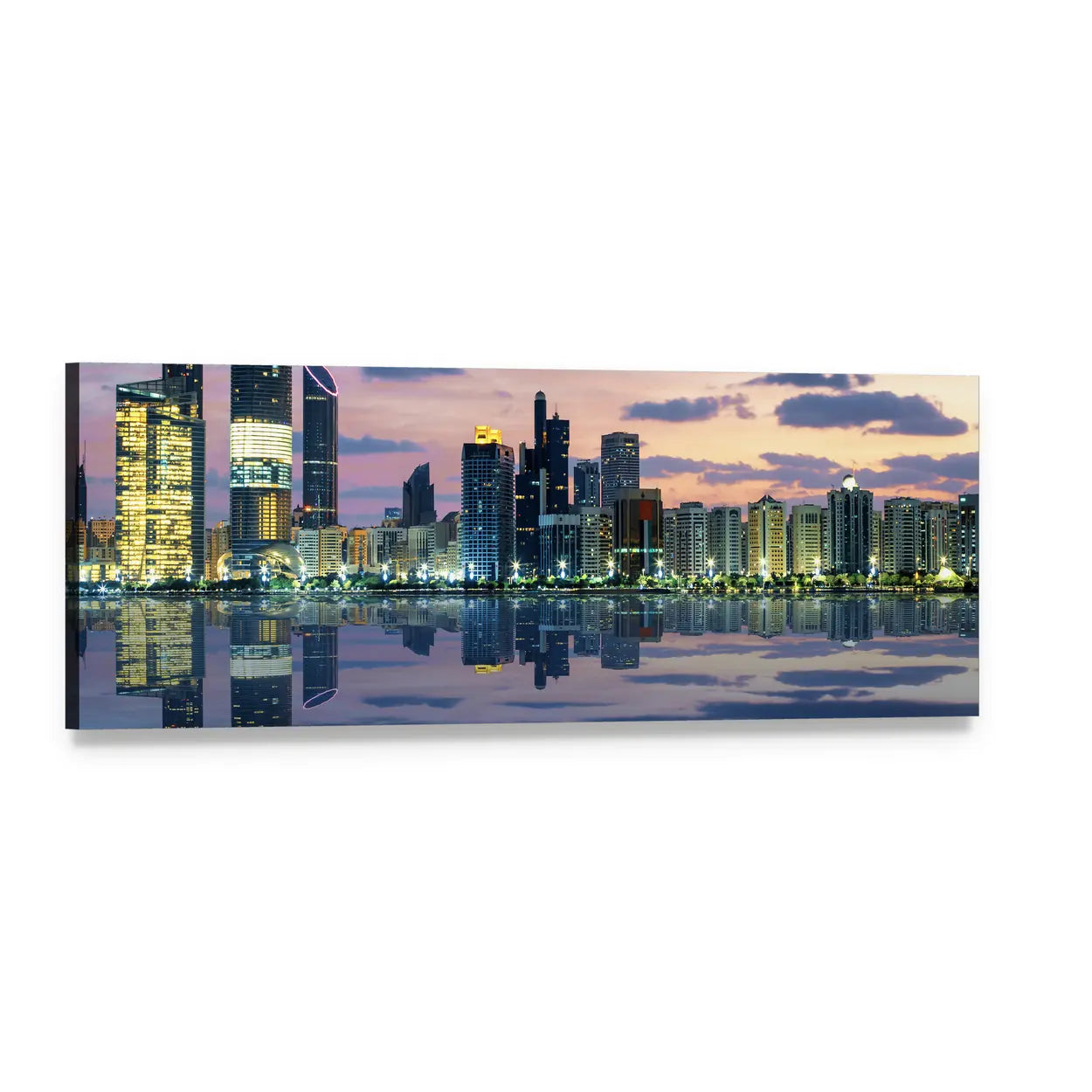 Abu Dhabi Skyline at Sunset Panoramic Canvas Wall Art, single panel gallery wrapped canvas, angled product view