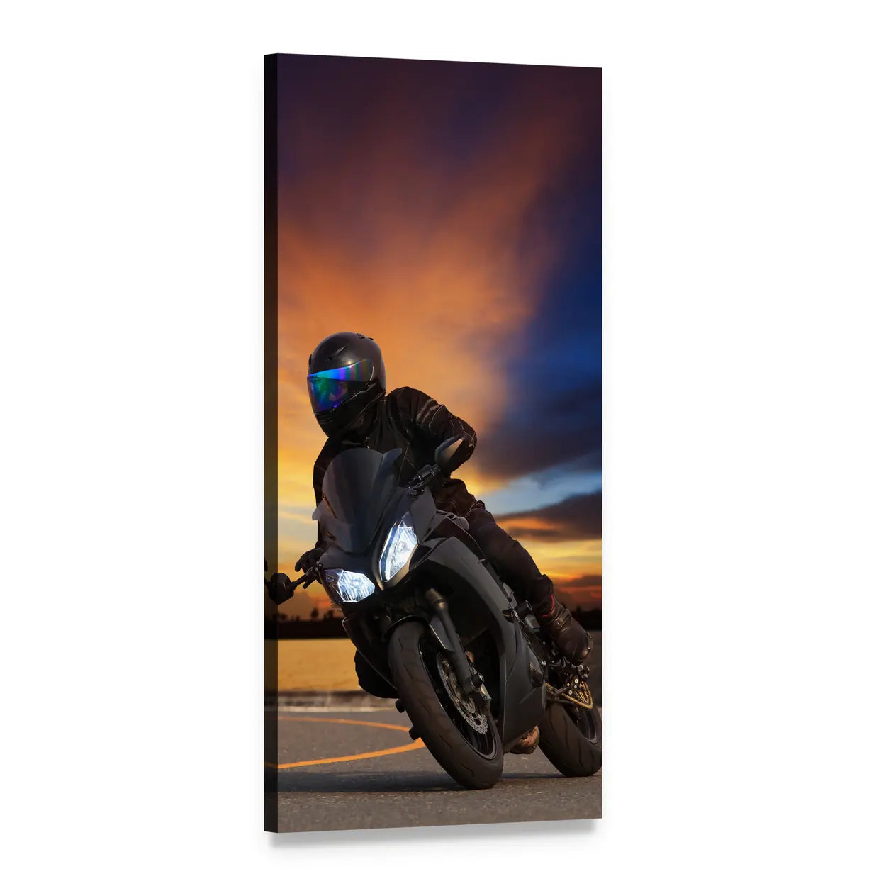 Black Sportbike Rider at Sunset Vertical Canvas Wall Art, 1 panel 1 Vertical layout gallery wrapped canvas set, angled product view