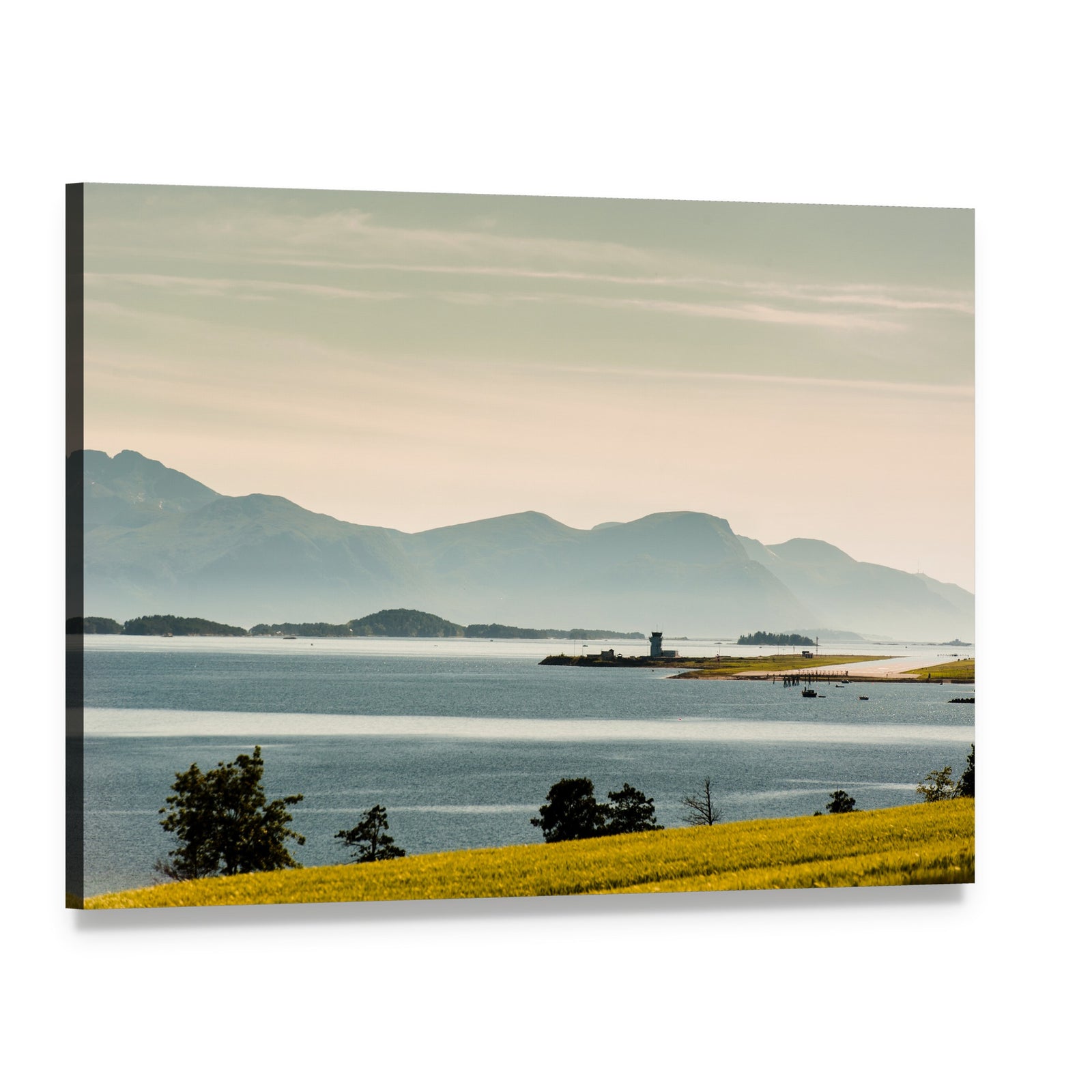 Norway Summer Lake with Lighthouse Canvas Wall Art, single panel gallery wrapped canvas, angled product view