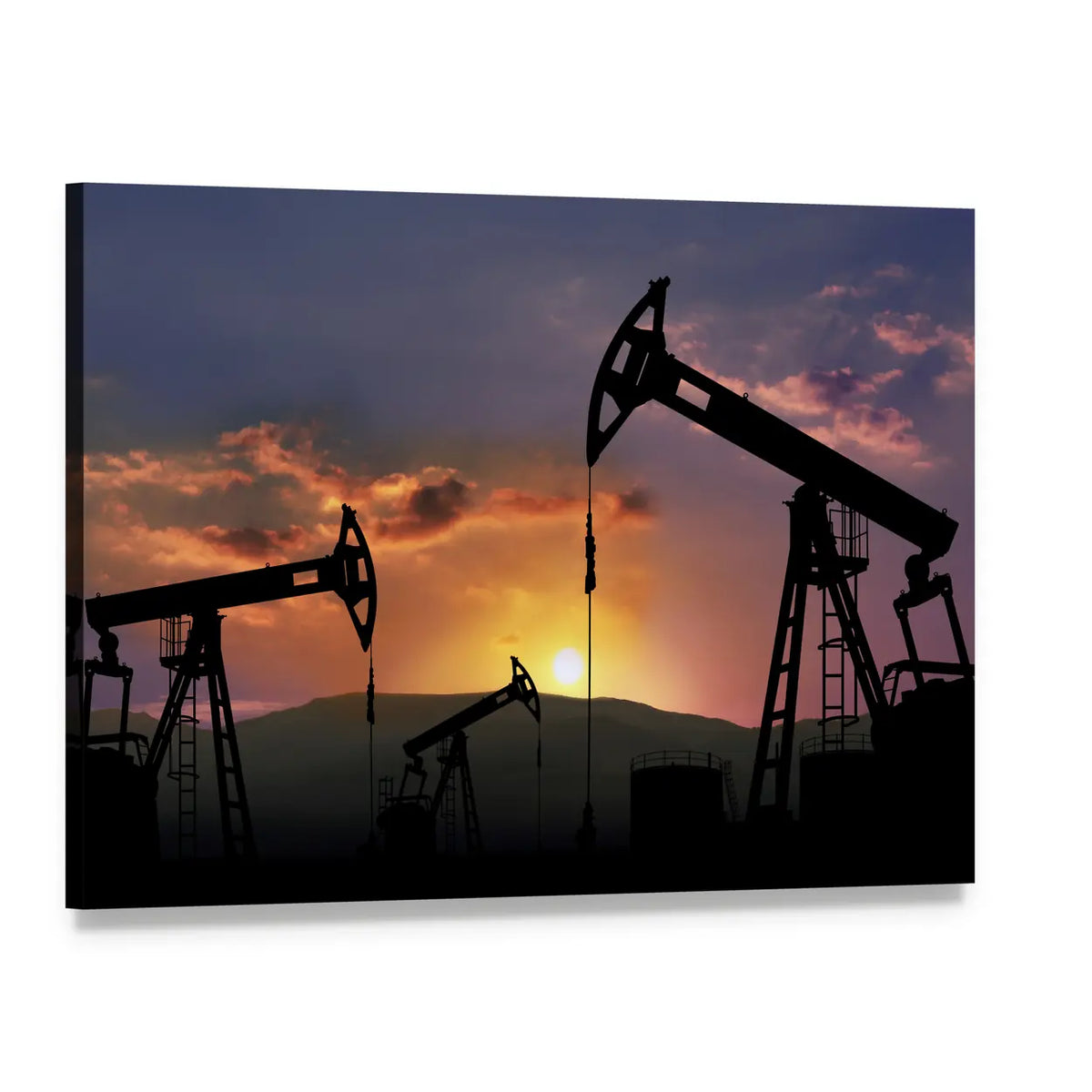 Oil Pumpjacks at Sunset Canvas Wall Art, single panel gallery wrapped canvas, angled product view
