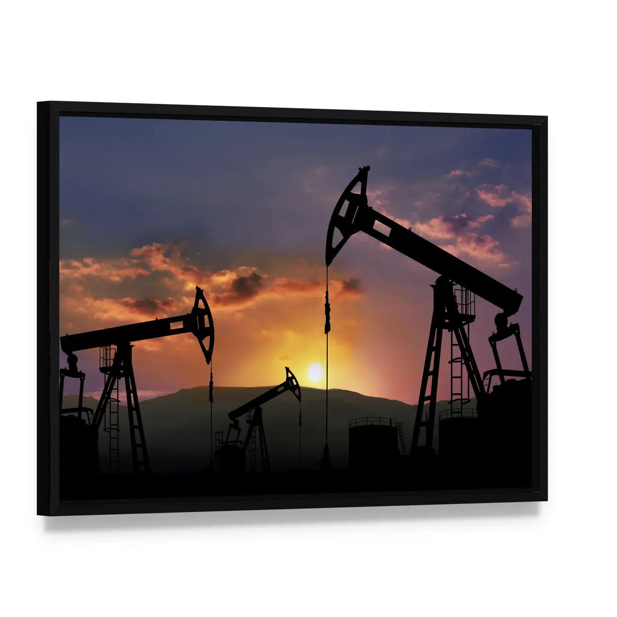 Oil Pumpjacks at Sunset Canvas Wall Art, framed canvas in a black floater frame, angled product view